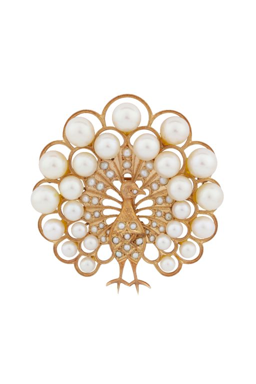 14k Yellow Gold Pearl Peacock Brooch