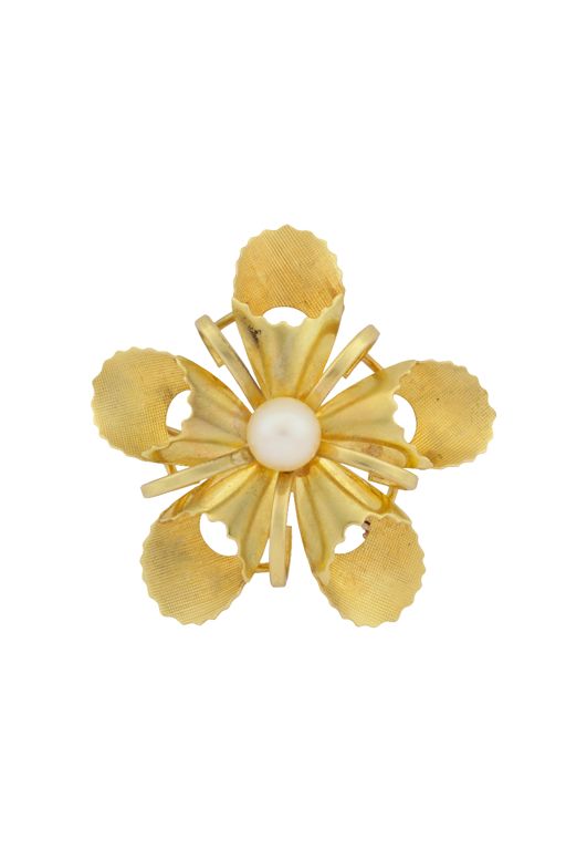 18k Yellow Gold Pearl Flower Brooch