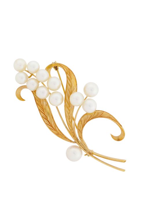 18k Yellow Gold Pearl Flower Brooch