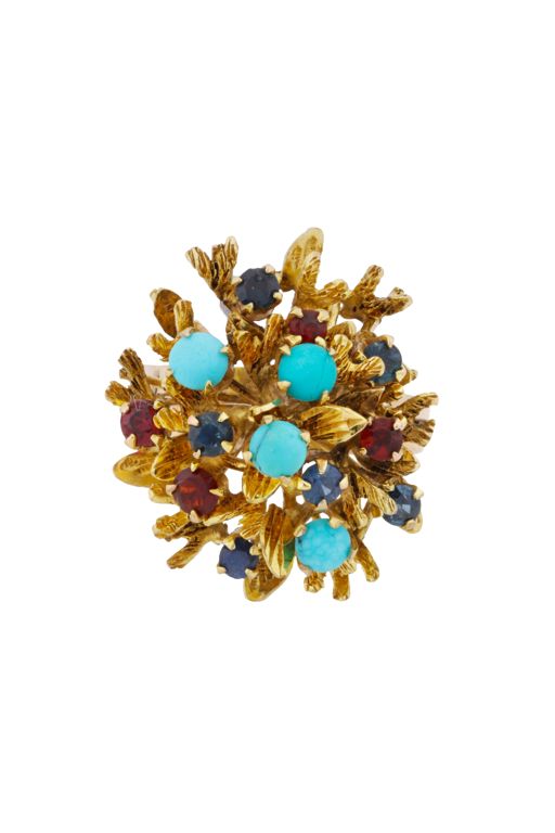 14k Gold Sapphire, Garnet and Turquoise Ring