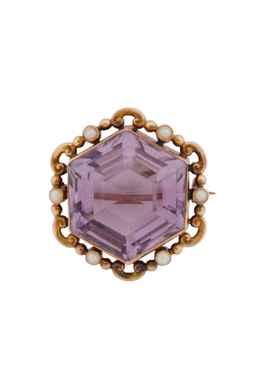 15k Yellow Gold Amethyst and Pearl Brooch