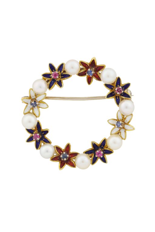 18k Yellow Gold Multi-Gem Flower Brooch