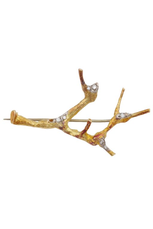 18k Yellow Gold Diamond Tree Branch Brooch