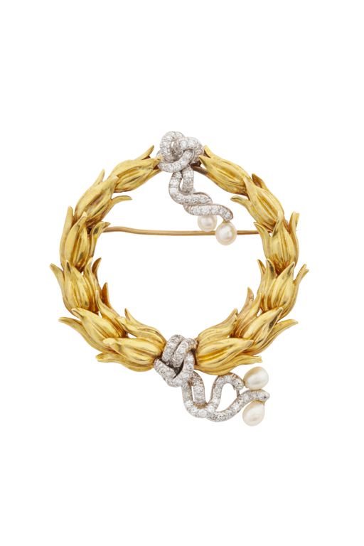18k Gold and Platinum Diamond and Pearl Brooch