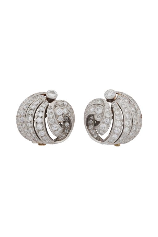 Platinum and White Gold Diamond Fan Clip Earrings