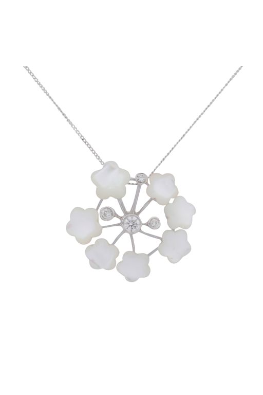 White Gold MOP and Diamond Flower Pendant Necklace