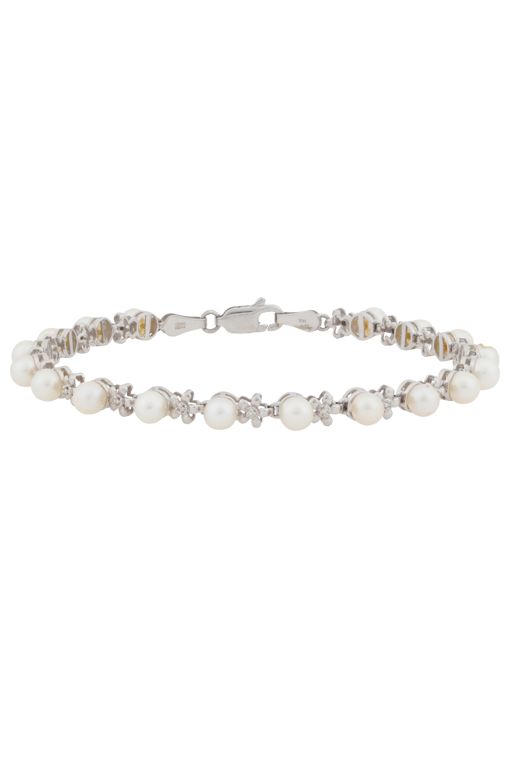 14k White Gold Pearl and Diamond Line Bracelet