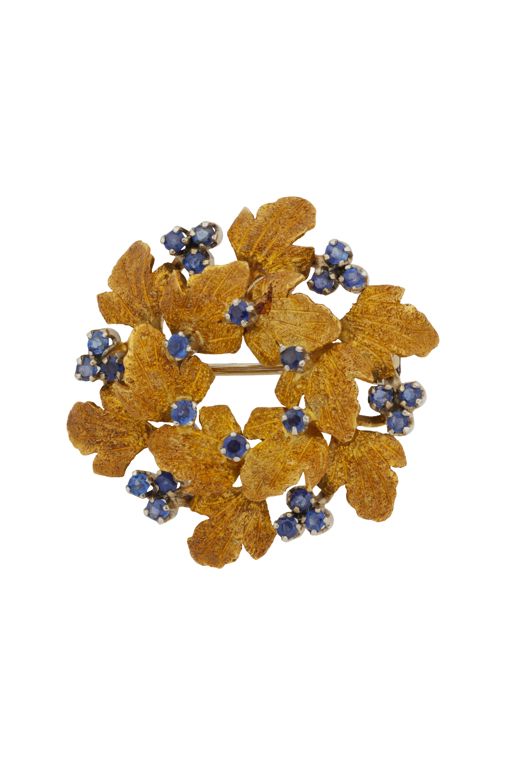 18k Yellow and White Gold Sapphire Foliate Brooch