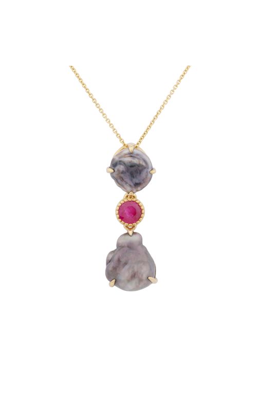 14k Yellow Gold Ruby and Pearl Pendant Necklace