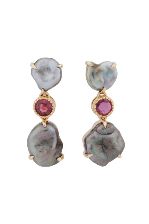 14k Yellow Gold Ruby and Black Pearl Earrings