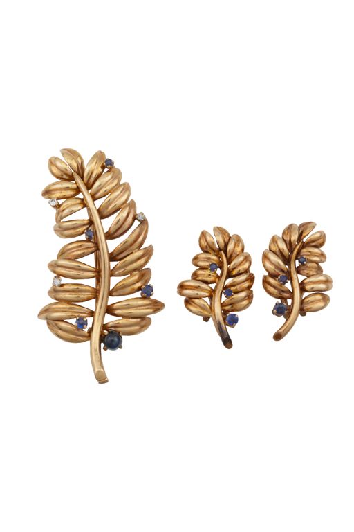 9k Yellow Gold Sapphire and Diamond Jewelry Set
