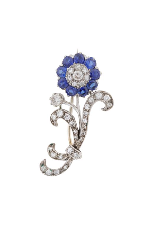 Silver and Gold Sapphire and Diamond Flower Brooch
