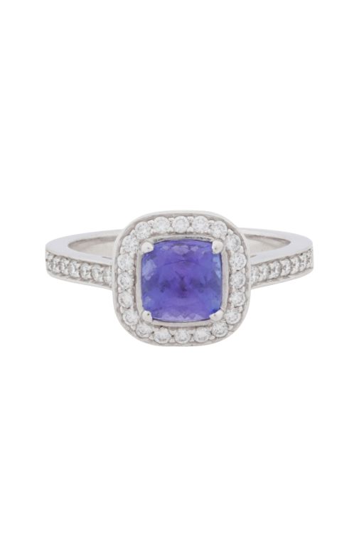 18k White Gold Tanzanite and Diamond Halo Ring