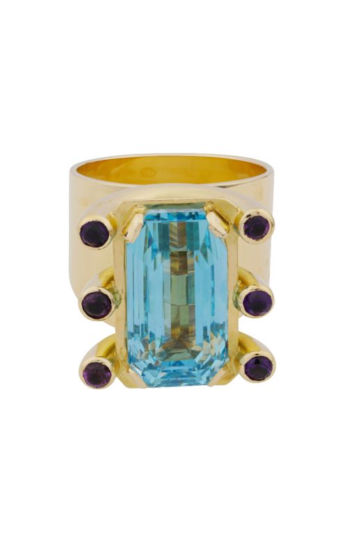 18k Gold Aquamarine and Amethyst Cocktail Ring