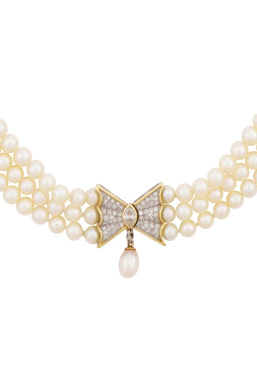 Yellow and White Metal Pearl and Diamond Necklace