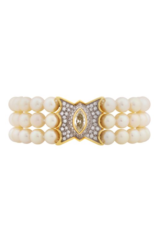 Yellow and White Metal Pearl and Diamond Bracelet