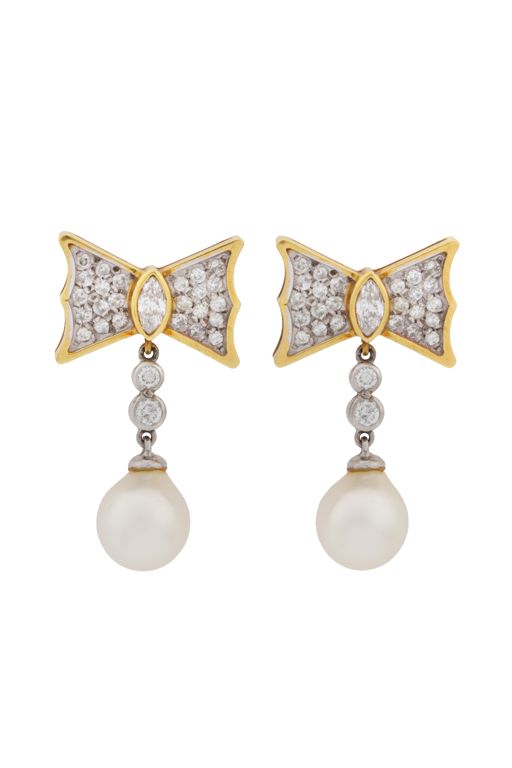 18k Gold Pearl and Diamond Pendant Earrings