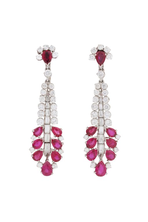 White Metal Ruby and Diamond Pendant Earrings
