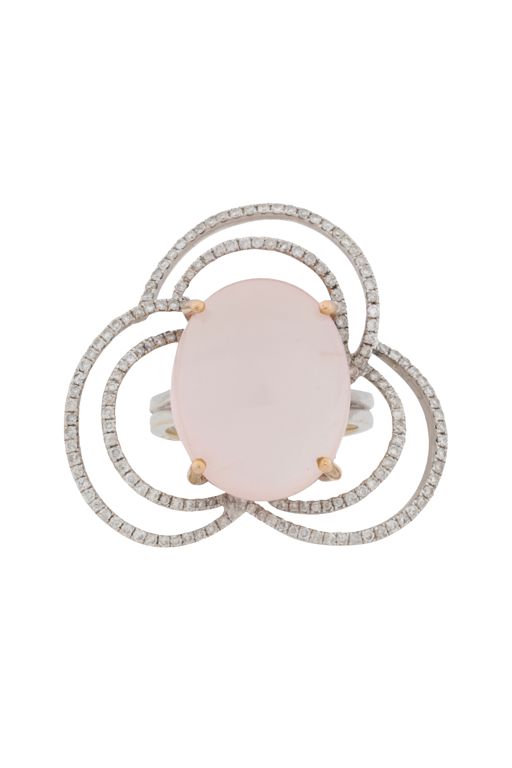 White Metal Rose Quartz and Diamond Ring