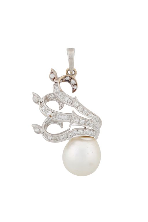 White Metal Pearl and Diamond Pendant