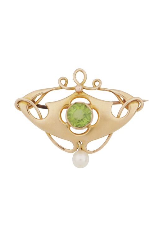 15k Yellow Gold Peridot and Pearl Brooch