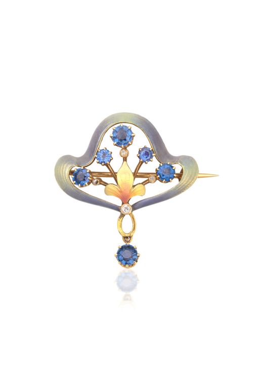 18k Gold Sapphire and Diamond Brooch