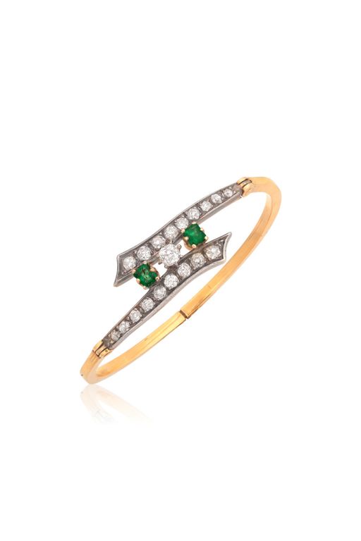 Silver, 18k Gold Emerald and Diamond Bracelet