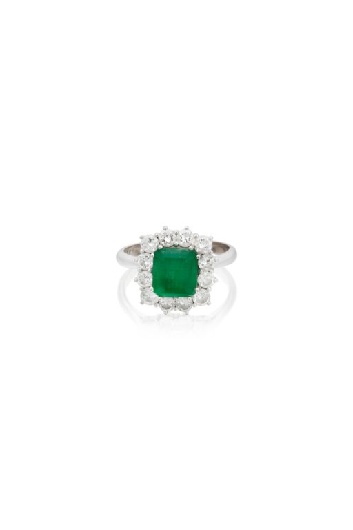 Platinum, 18k Gold Emerald and Diamond Ring