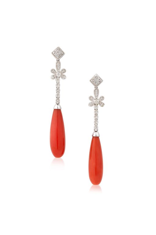 Pair of 14k Gold Coral and Diamond Earrings