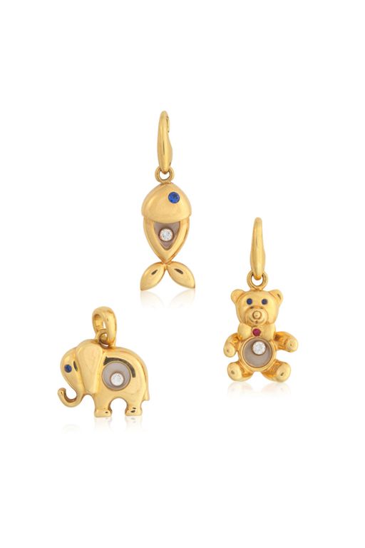 Three 18k Gold Multi-Gem Charms