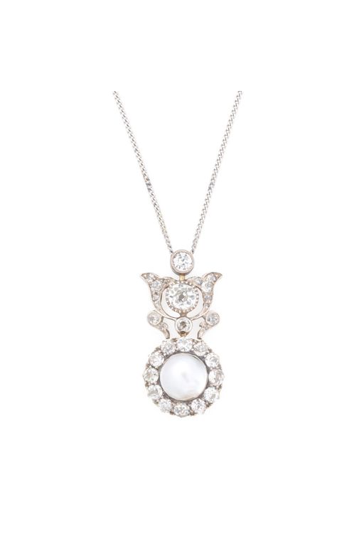9k Gold Pearl and Diamond Pendant Necklace