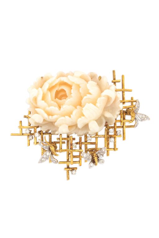 18k Gold Coral and Diamond Brooch