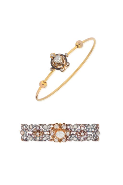 7k Gold Diamond Bangle and Brooch