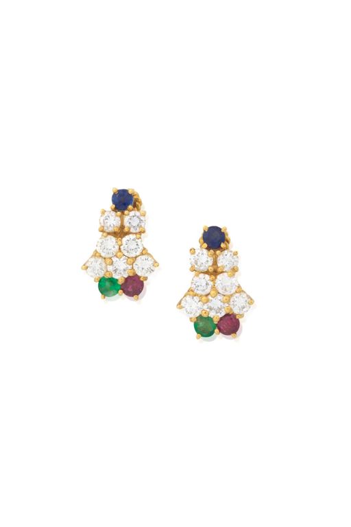 Pair of 18k Gold Multi-Gem Earrings
