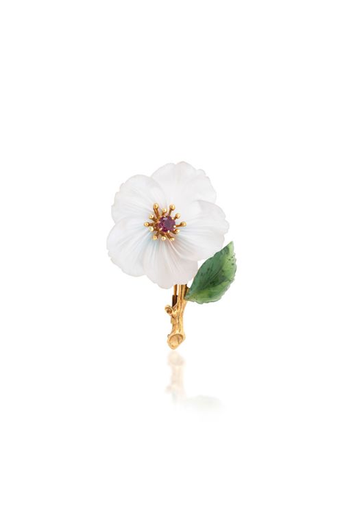14k Gold Rock Crystal, Nephrite and Ruby Brooch