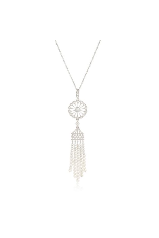 Platinum Pearl and Diamond Pendant Necklace