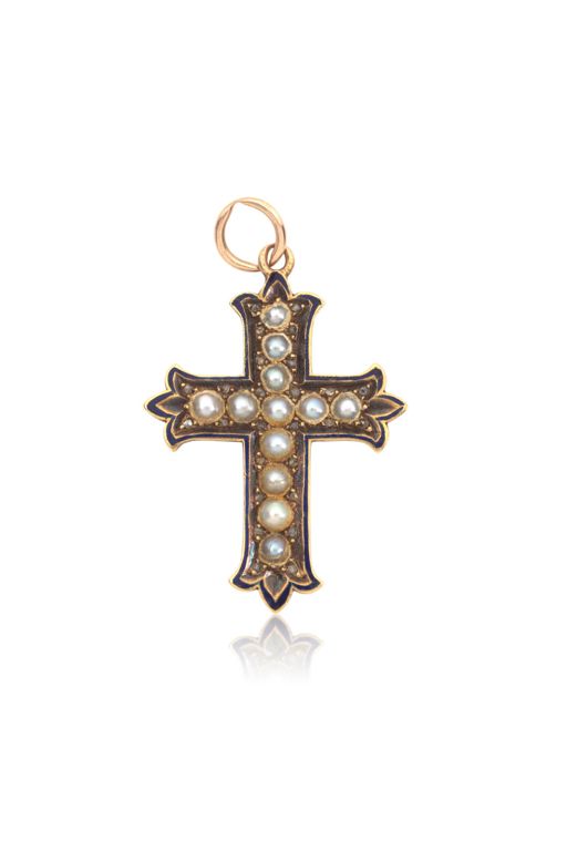 12k Gold Pearl and Diamond Cross Pendant