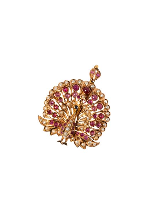 14k Yellow Gold Multi-Gem Peacock Brooch/Pendant