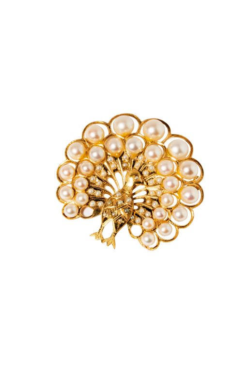 14k Yellow Gold Pearl Peacock Brooch