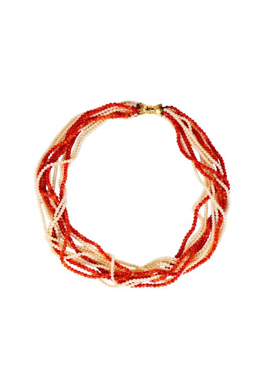 14k Yellow Gold Pearl and Coral Torsade Necklace