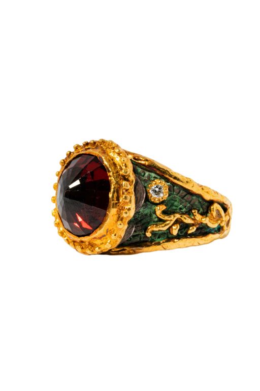 Yellow Gold and Silver Garnet and Diamond Ring