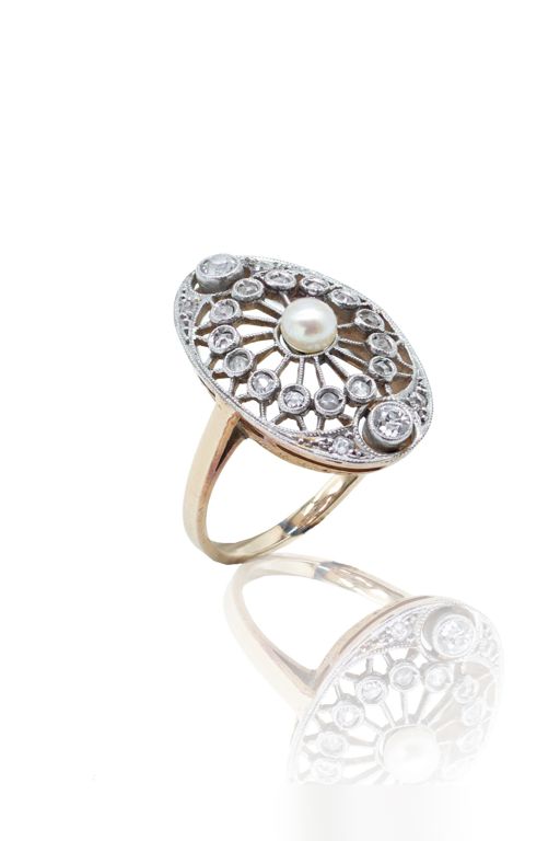 Yellow Gold and Platinum Pearl and Diamond Ring