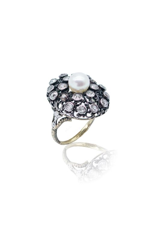 18k Yellow Gold and Silver Pearl and Diamond Ring