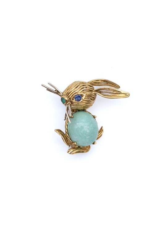 18k Yellow Gold Multi-Gem Bunny Brooch