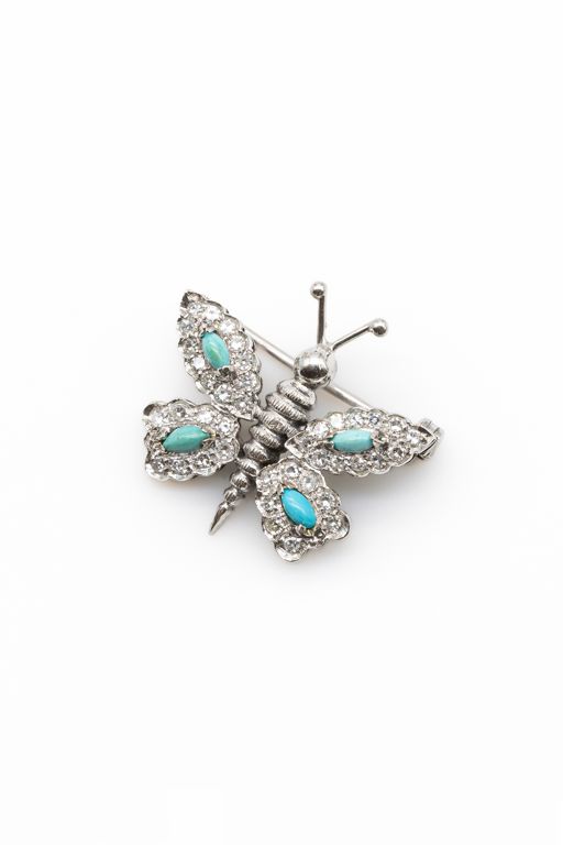 18k Gold Diamond and Turquoise Butterfly Brooch