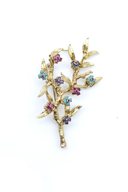 18k Gold Sapphire, Ruby and Turquoise Brooch