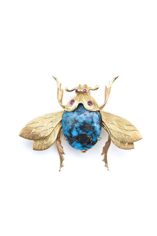 18k Yellow Gold Turquoise and Ruby Insect Brooch
