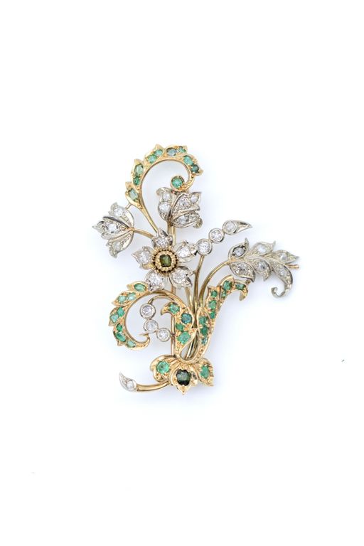 18k Gold Emerald, Tourmaline and Diamond Brooch