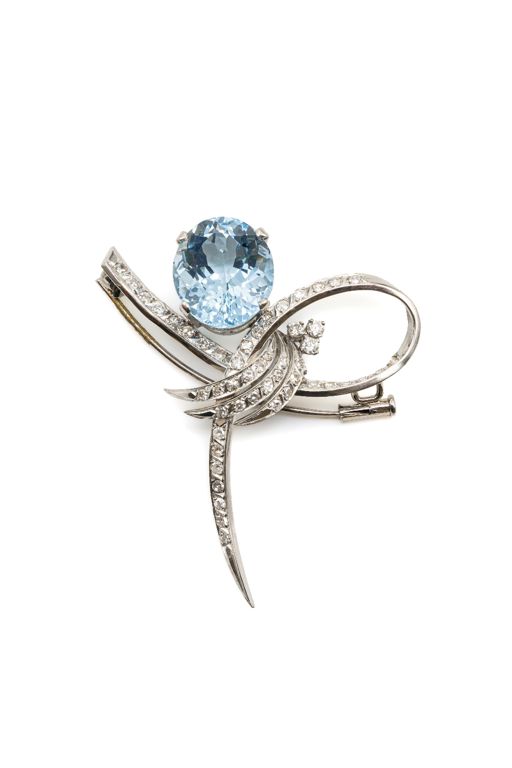 Gold and Platinum Aquamarine and Diamond Brooch