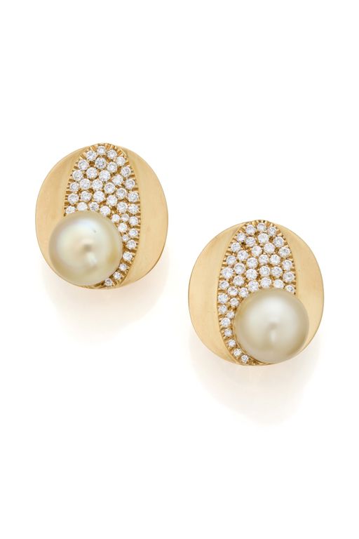 18k Yellow Gold Pearl and Diamond Earrings